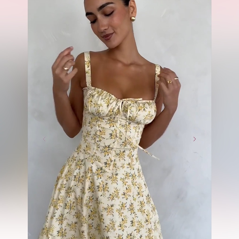 NWT NEW House of CB Carmen Bustier Sundress Yellow Floral Print